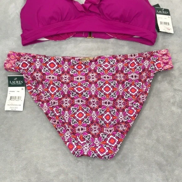 Lauren Ralph Lauren Fuchsia Flutter Top Bikini Size 10 New